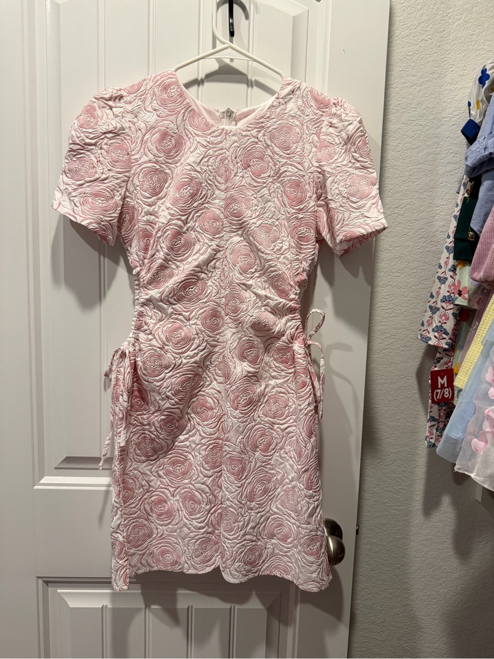 Textured Pink Floral Mini Dress with Side Ties